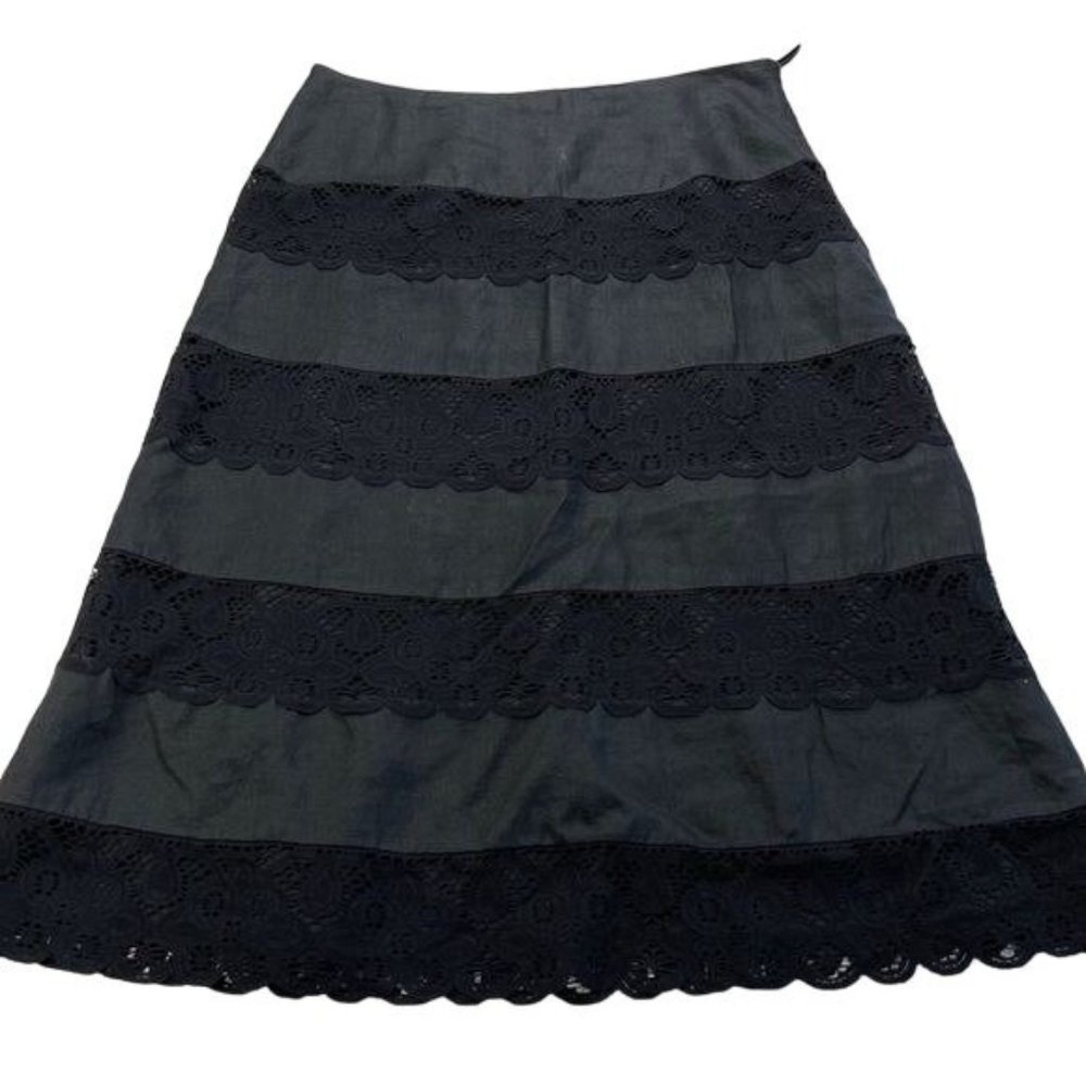 Spenser Jeremy Black Linen Scalloped Lace Lined Mixed Media Skirt Size Medium